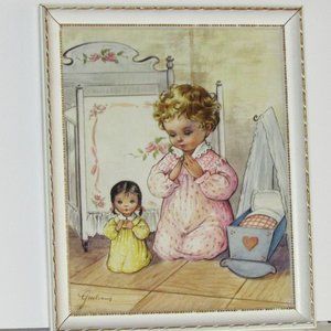 Vintage Framed Print LITTLE GIRL PRAYING Giuliana Art Bonella Milano Italy Retro